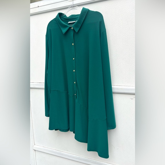 Susan Graver Liquid Knit Top 4X Asymmetrical Hem Kelly Green Button Front Tunic - Picture 6 of 11
